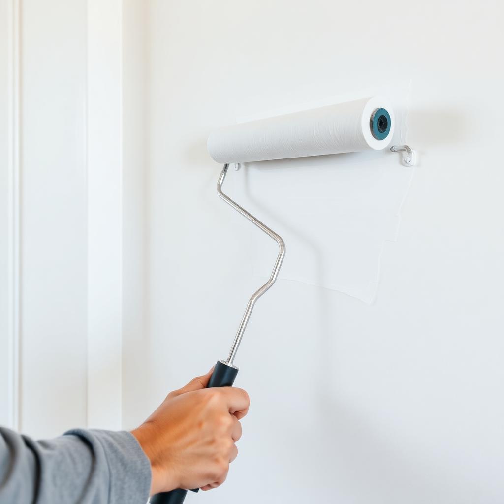 Interior wall being rolled with fresh white paint