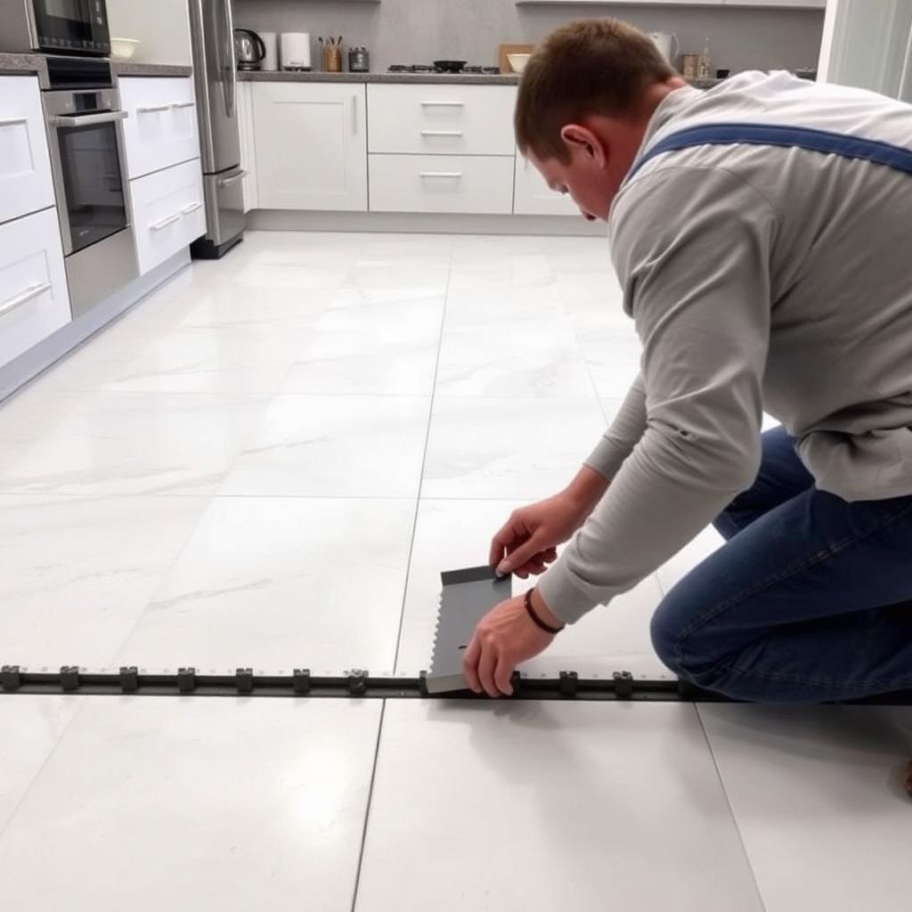 Large format floor tiles being laid in a kitchen