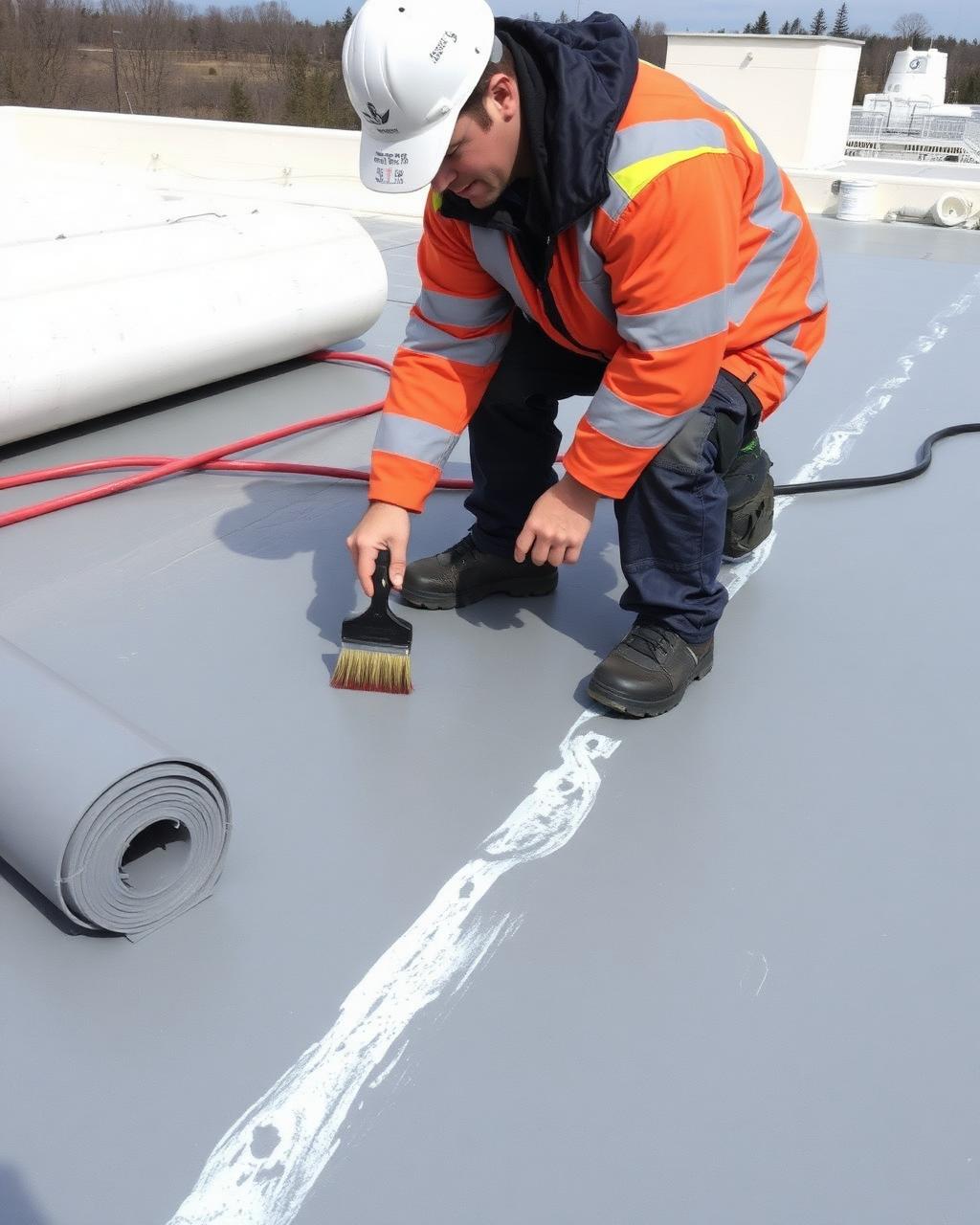 Waterproofing membrane being applied to a flat roof
